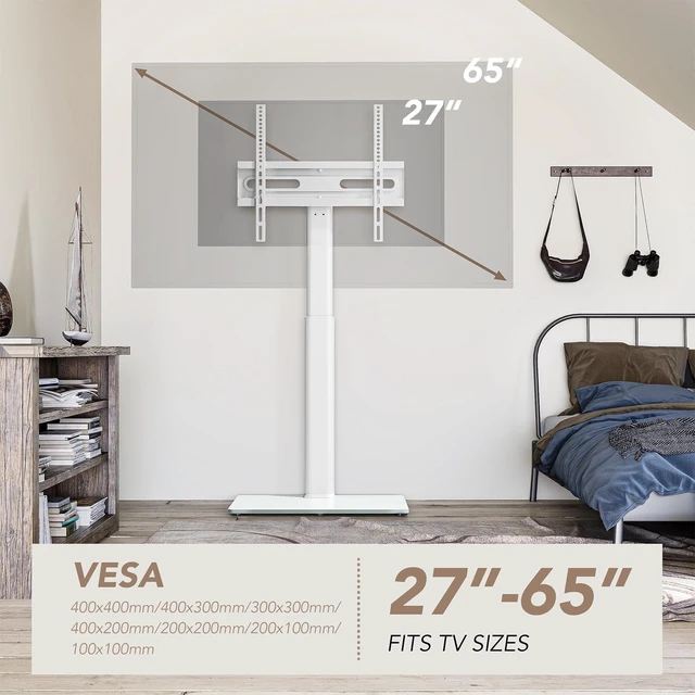 Alt view image 11 of 14 - Universal Floor TV Stand with Mount 70 Degree Swivel 9 Level Height Adjustable and Space Saving Design for Most 27 to 65 inch LCD, LED OLED TVs, Perfect for Corner & Bedroom White AX1006TW