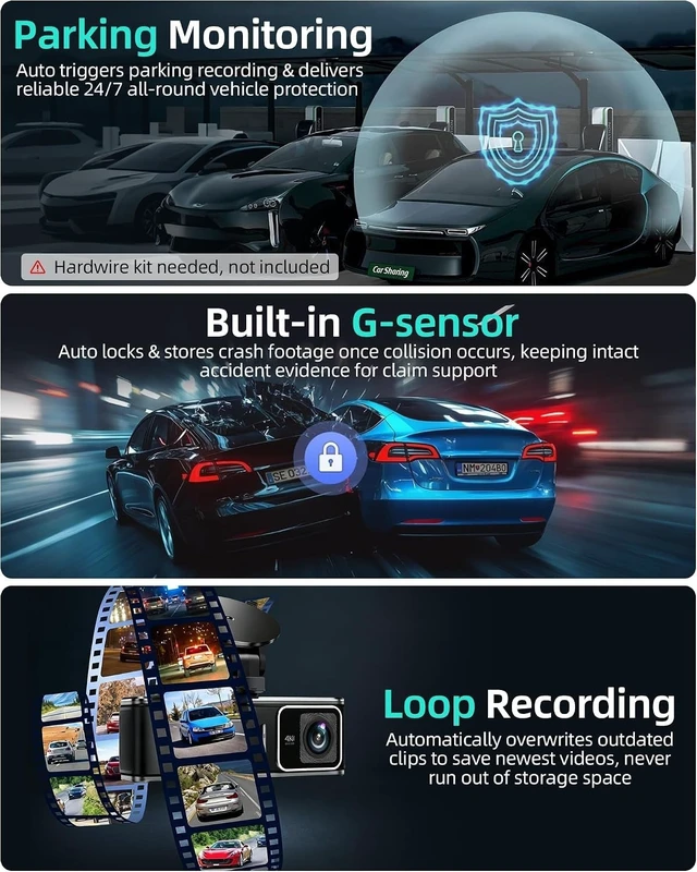 Alt view image 13 of 14 - 4K Dual Dash Cam Front and Rear - 5.8G WiFi GPS with 128GB SD Card | 4K Front+1080P Rear Dash Cam, 3.59" IPS,Night Vision, 24H Parking, G-Sensor, Loop Rec for Family & Rideshare Drivers