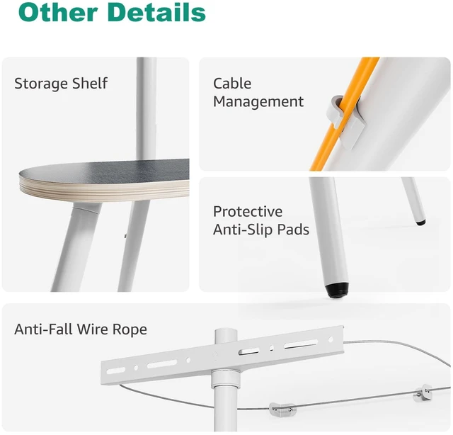 Alt view image 13 of 14 - Metal Tripod TV Stand for 43-65" TVs, Swivel, White | Height-adjustable easel TV stand, 45° swivel, 22 lb wood shelf, cable clips and VESA up to 400x400