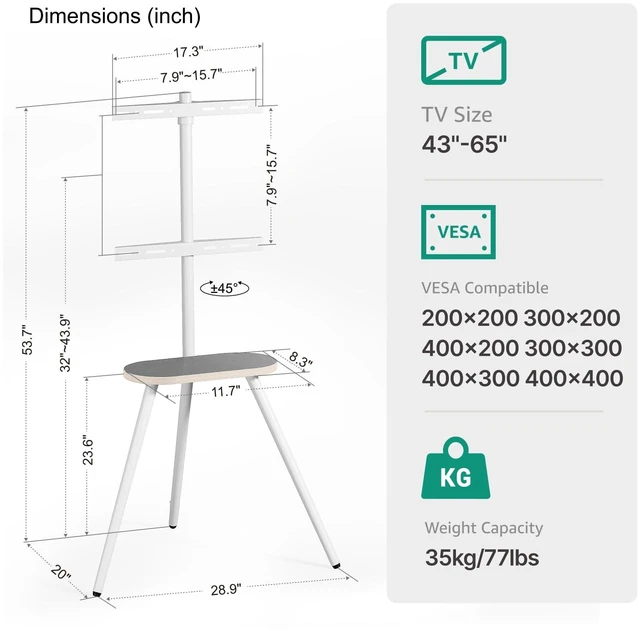 Alt view image 14 of 14 - Metal Tripod TV Stand for 43-65" TVs, Swivel, White | Height-adjustable easel TV stand, 45° swivel, 22 lb wood shelf, cable clips and VESA up to 400x400