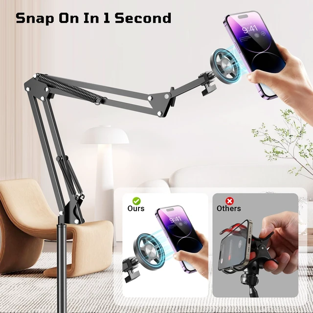 Alt view image 9 of 14 - Floor Magnetic Phone Holder for Bed Laying Down, Adjustable Bedside Phone Stand for iPhone Magsafe, Headboard Cell Phone Mount for Reading