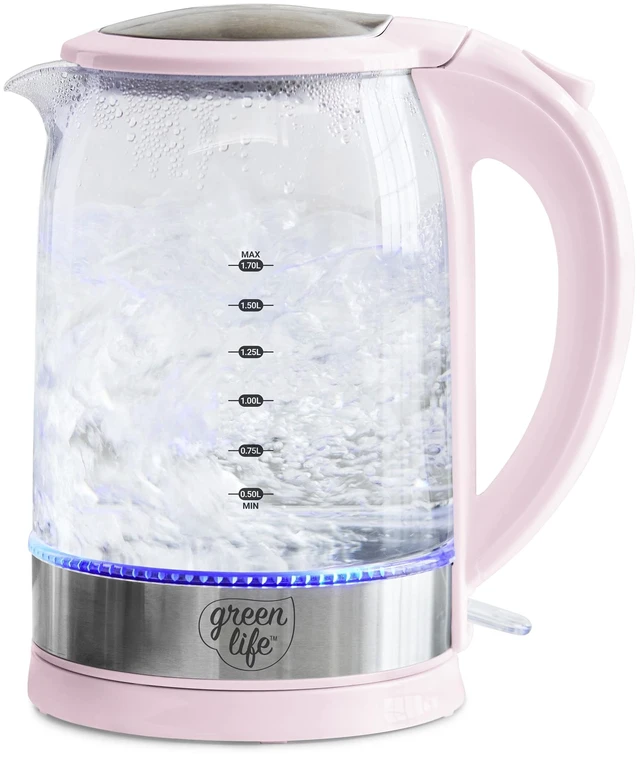 Alt view image 7 of 12 - 1.7 Liter Electric Glass Kettle, Pink | Glass Body, Auto Shutoff, Thermal Shock Resistant, Quick Heating, Easy One Touch Use, Cordless Serving, LED Base, Coffee/ Tea