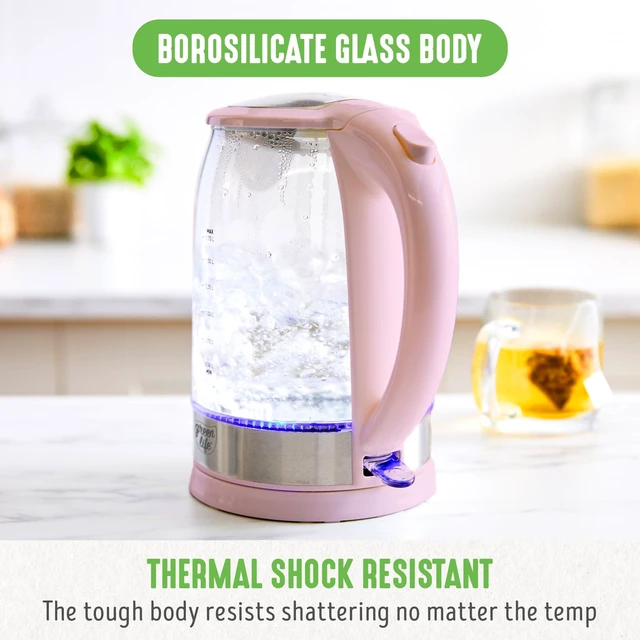 Alt view image 8 of 12 - 1.7 Liter Electric Glass Kettle, Pink | Glass Body, Auto Shutoff, Thermal Shock Resistant, Quick Heating, Easy One Touch Use, Cordless Serving, LED Base, Coffee/ Tea
