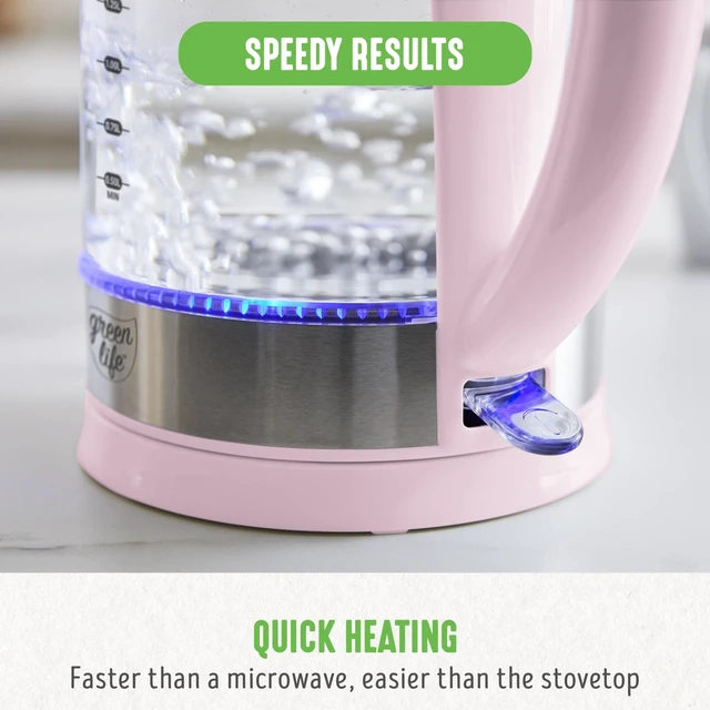 Alt view image 11 of 12 - 1.7 Liter Electric Glass Kettle, Pink | Glass Body, Auto Shutoff, Thermal Shock Resistant, Quick Heating, Easy One Touch Use, Cordless Serving, LED Base, Coffee/ Tea
