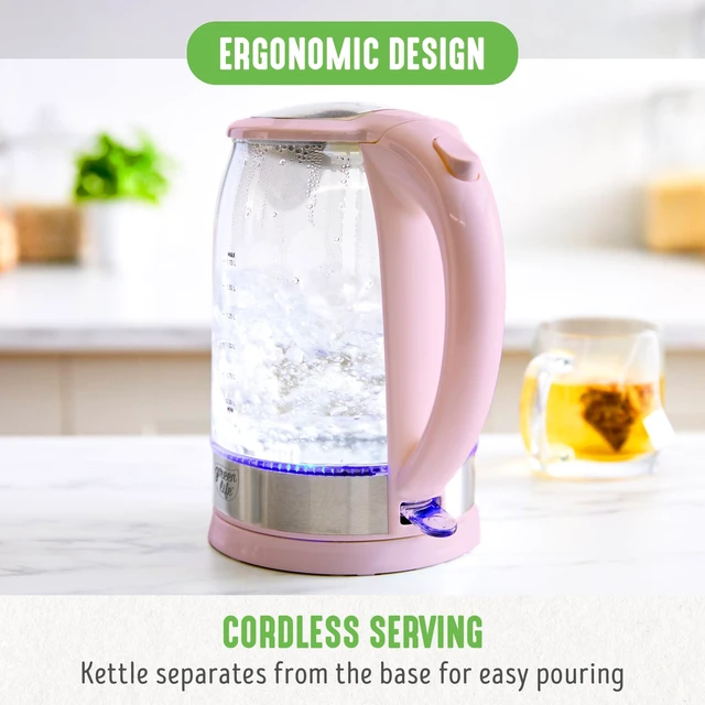 Alt view image 12 of 12 - 1.7 Liter Electric Glass Kettle, Pink | Glass Body, Auto Shutoff, Thermal Shock Resistant, Quick Heating, Easy One Touch Use, Cordless Serving, LED Base, Coffee/ Tea