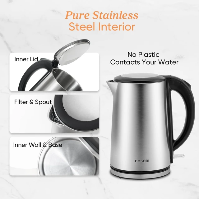 Alt view image 9 of 14 - Stainless Steel Electric Kettle, Plastic-Free Interior, 1.5L, Silver | Cool-Touch Double-Wall, Auto Shut-Off, Boil-Dry Protection, Tea Kettle, Hot Water Boiler, 1500W