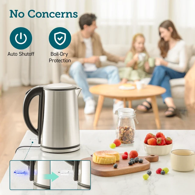 Alt view image 12 of 14 - Stainless Steel Electric Kettle, Plastic-Free Interior, 1.5L, Silver | Cool-Touch Double-Wall, Auto Shut-Off, Boil-Dry Protection, Tea Kettle, Hot Water Boiler, 1500W