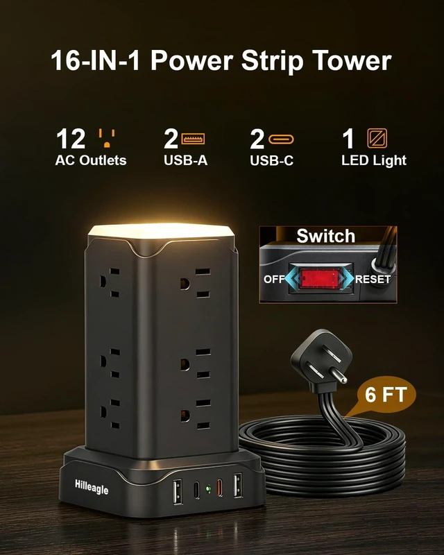 Alt view image 10 of 14 - Surge Protector Desktop Power Strip Tower with Touch LED Night Lights, 6Ft Extension Cord with Multiple 12 AC Outlets, 4 USB Ports (2 USB C) Charging Power Station, Black