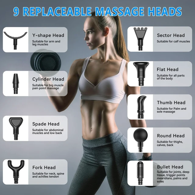 Alt view image 12 of 14 - Massage Gun, Muscle Massage Gun for Athletes Handheld Electric Deep Tissue Back Massager, Percussion Massage Device for Pain Relief with 30 Speed Levels 9 Heads Black