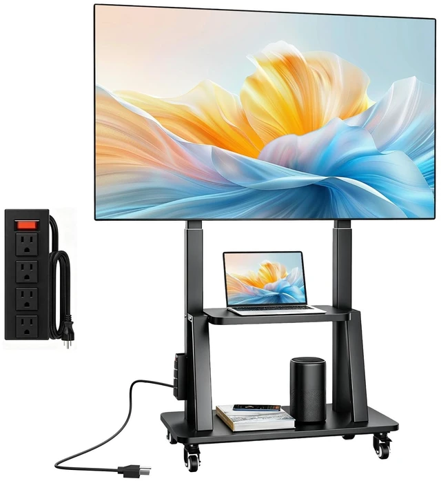 Alt view image 7 of 12 - Rolling TV Stand with Power Outlet for 32 to 65 70 75 83 inch TV | Easy Installation, High Mobility, 2-Tier Large Storage Space, Height Adjustable, Holds up to 130LBS, Vesa 600×400mm