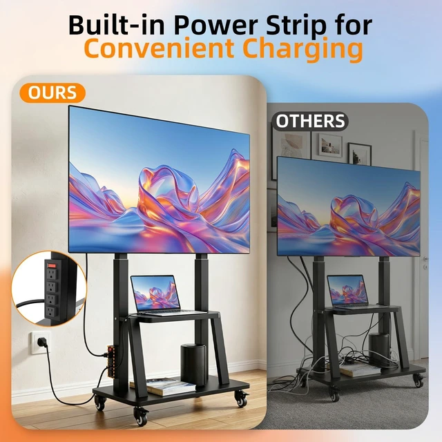 Alt view image 8 of 12 - Rolling TV Stand with Power Outlet for 32 to 65 70 75 83 inch TV | Easy Installation, High Mobility, 2-Tier Large Storage Space, Height Adjustable, Holds up to 130LBS, Vesa 600×400mm