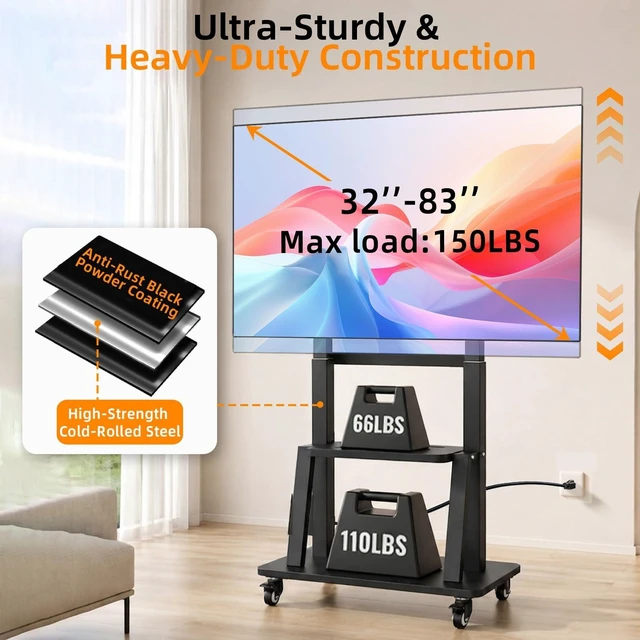 Alt view image 9 of 12 - Rolling TV Stand with Power Outlet for 32 to 65 70 75 83 inch TV | Easy Installation, High Mobility, 2-Tier Large Storage Space, Height Adjustable, Holds up to 130LBS, Vesa 600×400mm