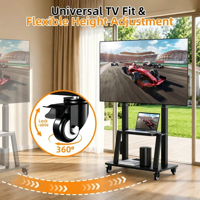 Alt view image 11 of 12 - Rolling TV Stand with Power Outlet for 32 to 65 70 75 83 inch TV | Easy Installation, High Mobility, 2-Tier Large Storage Space, Height Adjustable, Holds up to 130LBS, Vesa 600×400mm