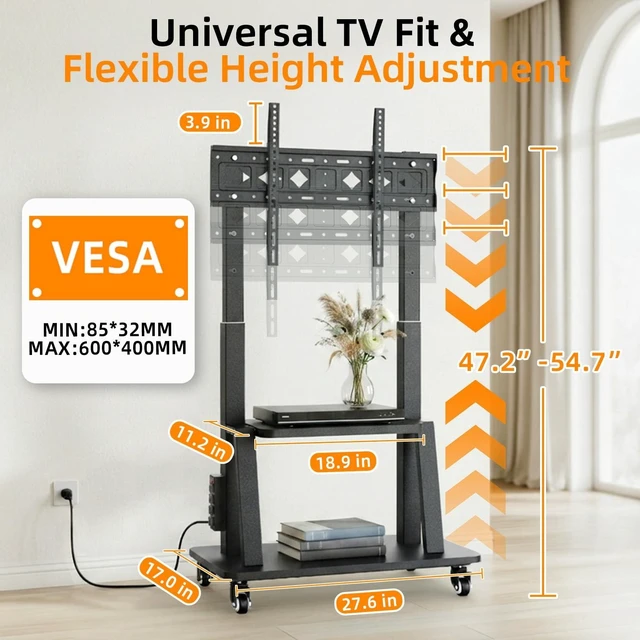 Alt view image 10 of 12 - Rolling TV Stand with Power Outlet for 32 to 65 70 75 83 inch TV | Easy Installation, High Mobility, 2-Tier Large Storage Space, Height Adjustable, Holds up to 130LBS, Vesa 600×400mm
