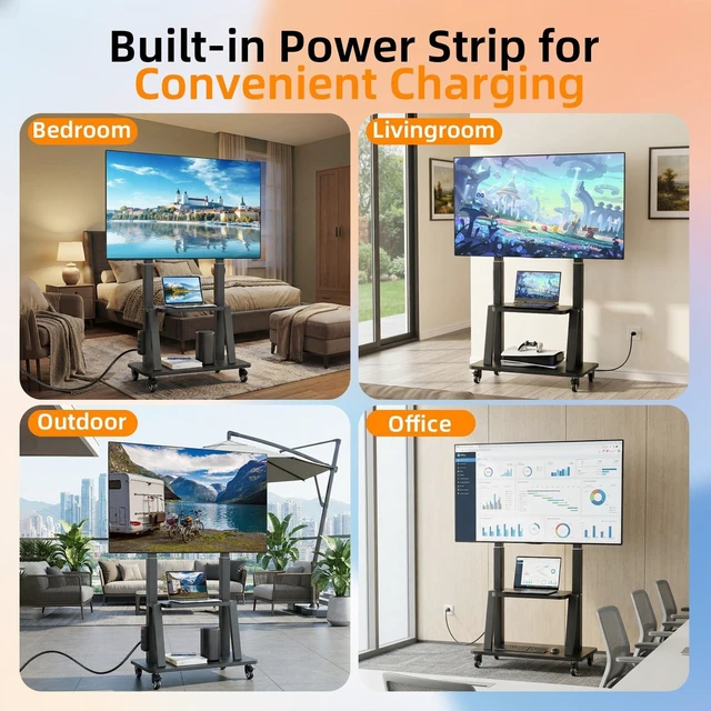 Alt view image 12 of 12 - Rolling TV Stand with Power Outlet for 32 to 65 70 75 83 inch TV | Easy Installation, High Mobility, 2-Tier Large Storage Space, Height Adjustable, Holds up to 130LBS, Vesa 600×400mm