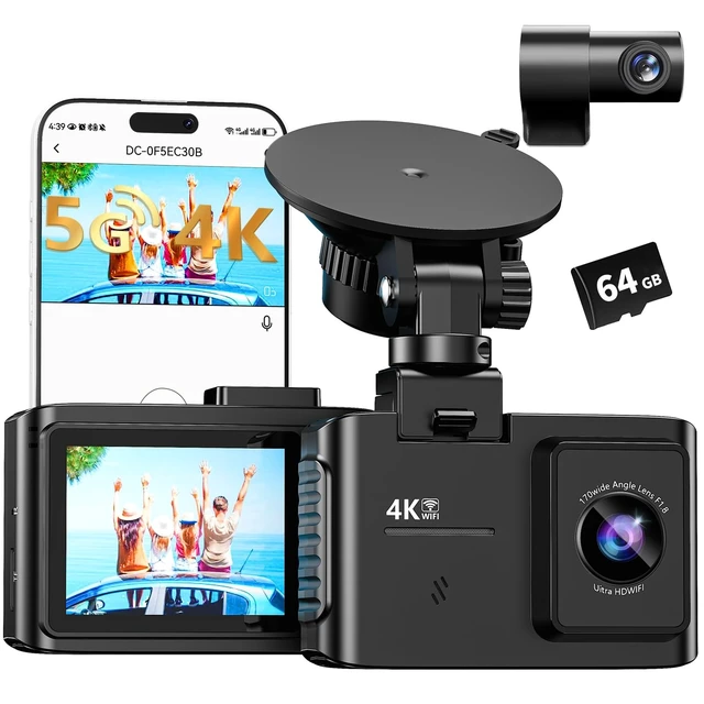 Alt view image 8 of 14 - Dash Cam Front and Rear: 4K Dual Channel Dash Cam - 5GHz WiFi, Dash Camera for Cars with 64GB Card, 2" IPS, App Control, G-Sensor, Loop Recording, 170° Wide Angle, Night Vision, 24H Parking Mode