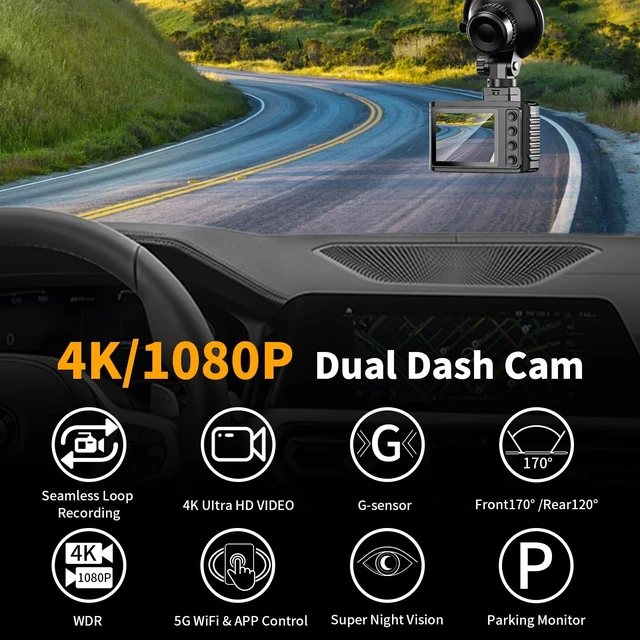 Alt view image 9 of 14 - Dash Cam Front and Rear: 4K Dual Channel Dash Cam - 5GHz WiFi, Dash Camera for Cars with 64GB Card, 2" IPS, App Control, G-Sensor, Loop Recording, 170° Wide Angle, Night Vision, 24H Parking Mode