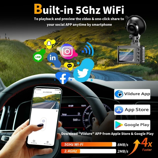 Alt view image 11 of 14 - Dash Cam Front and Rear: 4K Dual Channel Dash Cam - 5GHz WiFi, Dash Camera for Cars with 64GB Card, 2" IPS, App Control, G-Sensor, Loop Recording, 170° Wide Angle, Night Vision, 24H Parking Mode