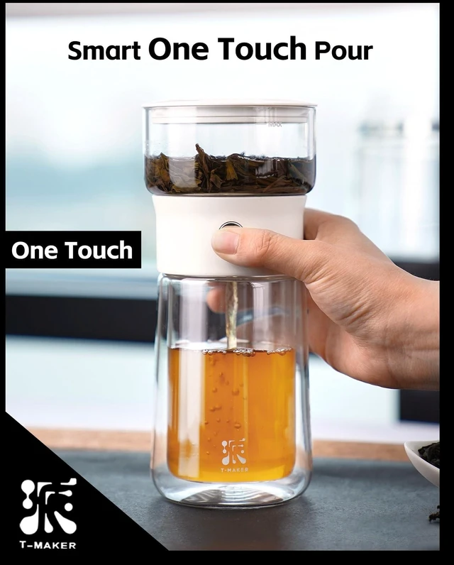 Alt view image 10 of 14 - Modern Glass Infuser Pot, One Touch Tea Maker for Loose Leaf Tea | Glass Teapot with Infuser, Magic Tea Infuser with 6.7oz Insulated Mug and Portable Case for Tea Lovers Gifts