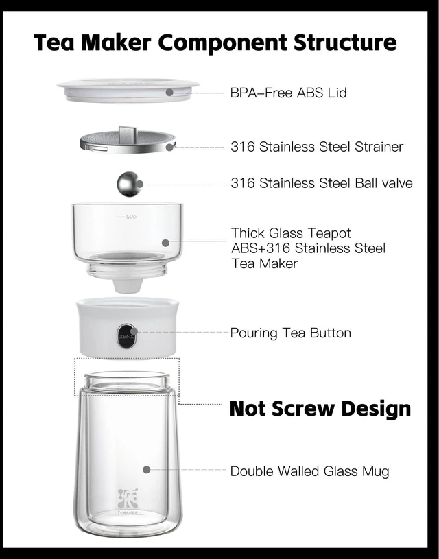 Alt view image 12 of 14 - Modern Glass Infuser Pot, One Touch Tea Maker for Loose Leaf Tea | Glass Teapot with Infuser, Magic Tea Infuser with 6.7oz Insulated Mug and Portable Case for Tea Lovers Gifts
