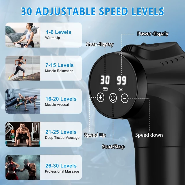 Alt view image 9 of 14 - Massage Gun, Muscle Massage Gun for Athletes Handheld Electric Deep Tissue Back Massager, Percussion Massage Device for Pain Relief with 30 Speed Levels 9 Heads Black