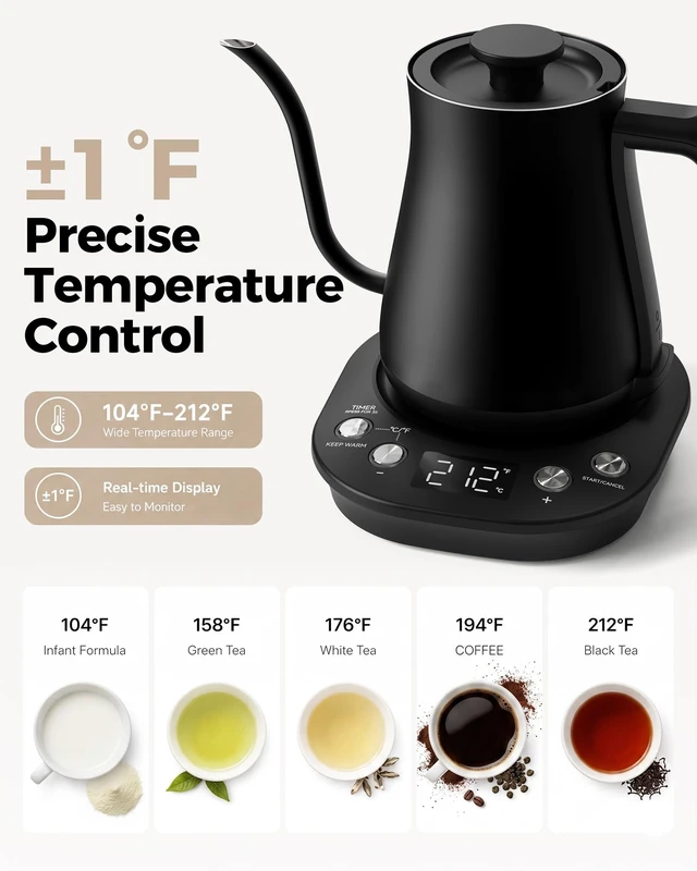 Alt view image 9 of 12 - Gooseneck Electric Kettle with ±1 Temperature Control,0.8L | 304 Stainless Steel Interior, BPA Free, 1200W Rapid, Brew Timer, Automatic Shut Off for Pour Over Coffee & Tea (Matte Black)