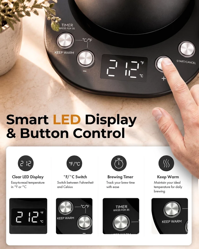Alt view image 11 of 12 - Gooseneck Electric Kettle with ±1 Temperature Control,0.8L | 304 Stainless Steel Interior, BPA Free, 1200W Rapid, Brew Timer, Automatic Shut Off for Pour Over Coffee & Tea (Matte Black)