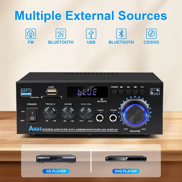 Alt view image 9 of 14 - AK45 Bluetooth 5.0 Audio Amplifier 400W 2 Channel Stereo Receiver | FM Radio, USB/SD Card Playback, MIC Input, Remote Control, Suitable for Home Theater Passive Speakers