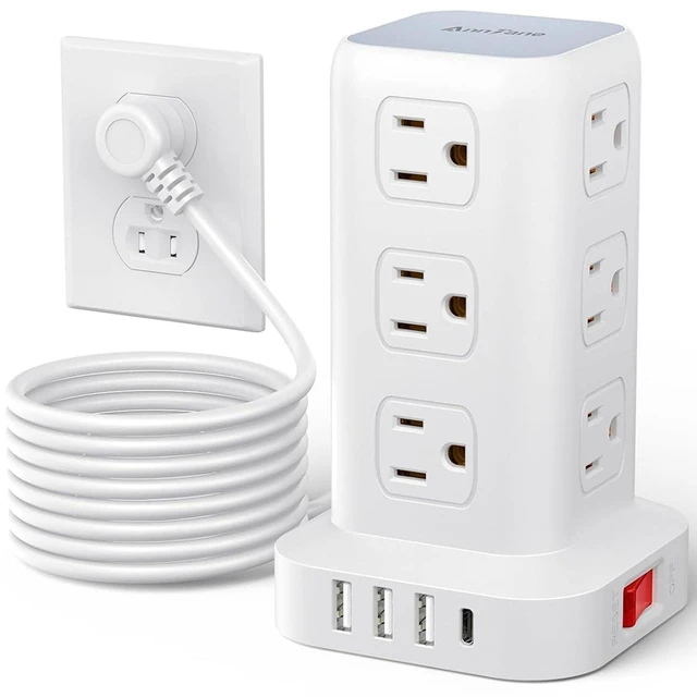 Alt view image 8 of 14 - Power Strip 10 FT Cord, Power Strip Tower with 4 USB Ports (1USB C), Extension Cord with 12 AC Multiple Outlets, Home Office Supplies Desk Accessories, Dorm Room Essentials
