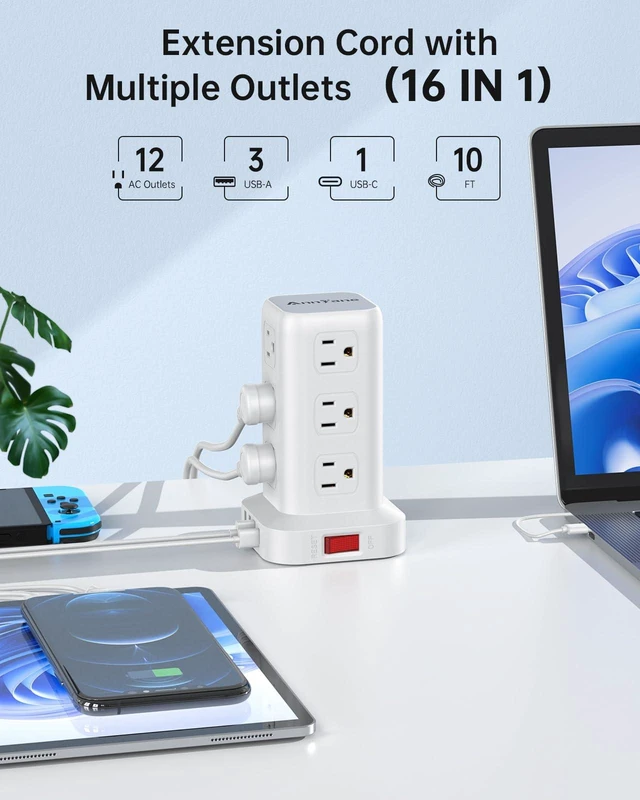 Alt view image 9 of 14 - Power Strip 10 FT Cord, Power Strip Tower with 4 USB Ports (1USB C), Extension Cord with 12 AC Multiple Outlets, Home Office Supplies Desk Accessories, Dorm Room Essentials
