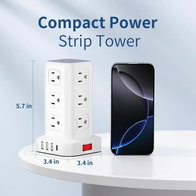 Alt view image 12 of 14 - Power Strip 10 FT Cord, Power Strip Tower with 4 USB Ports (1USB C), Extension Cord with 12 AC Multiple Outlets, Home Office Supplies Desk Accessories, Dorm Room Essentials