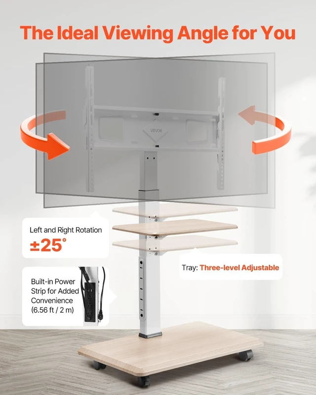 Alt view image 12 of 14 - Rolling TV Stand, Mobile TV Cart for 32-70 Inch Screens, 25° Left-Right Rotation and Height Adjustable TV Mount with Tray, Holds up to 88 lbs for Corner, Bedroom, Outdoor, Max VESA 600x400mm