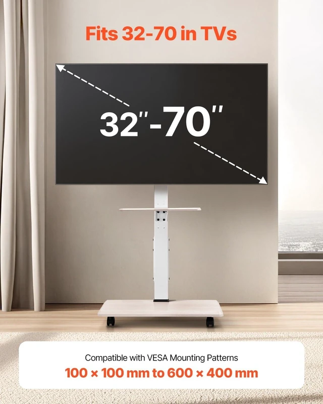 Alt view image 9 of 14 - Rolling TV Stand, Mobile TV Cart for 32-70 Inch Screens, 25° Left-Right Rotation and Height Adjustable TV Mount with Tray, Holds up to 88 lbs for Corner, Bedroom, Outdoor, Max VESA 600x400mm