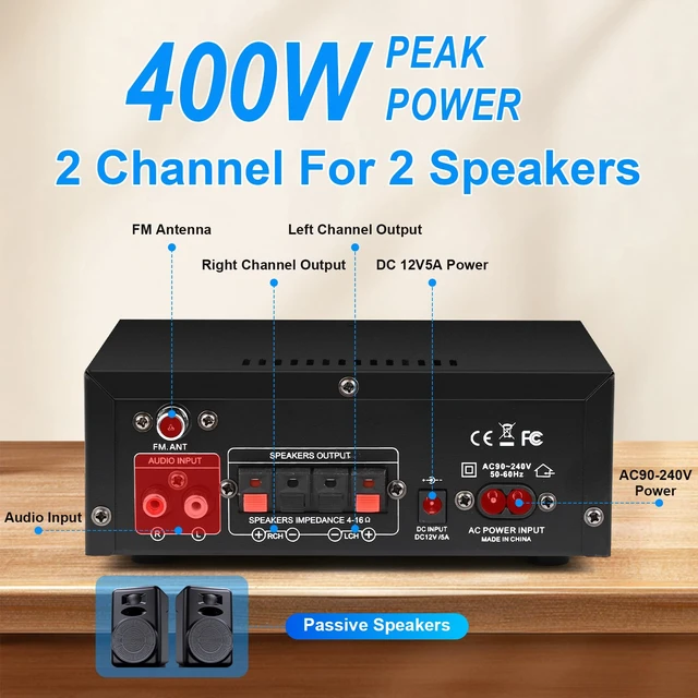 Alt view image 10 of 14 - AK45 Bluetooth 5.0 Audio Amplifier 400W 2 Channel Stereo Receiver | FM Radio, USB/SD Card Playback, MIC Input, Remote Control, Suitable for Home Theater Passive Speakers