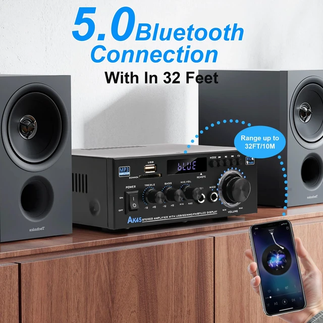 Alt view image 11 of 14 - AK45 Bluetooth 5.0 Audio Amplifier 400W 2 Channel Stereo Receiver | FM Radio, USB/SD Card Playback, MIC Input, Remote Control, Suitable for Home Theater Passive Speakers