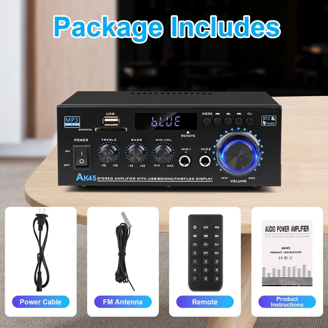 Alt view image 14 of 14 - AK45 Bluetooth 5.0 Audio Amplifier 400W 2 Channel Stereo Receiver | FM Radio, USB/SD Card Playback, MIC Input, Remote Control, Suitable for Home Theater Passive Speakers