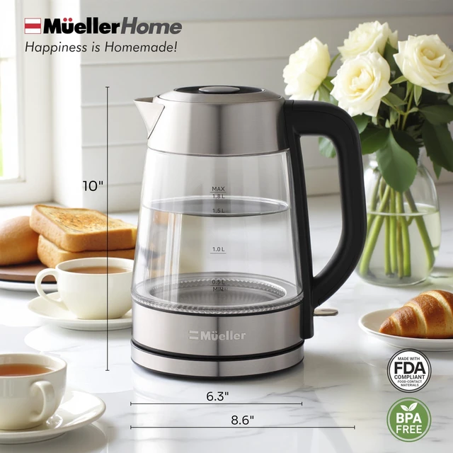 Alt view image 14 of 14 - MUELLER HOME Rapid Boil Electric Tea Kettle 1.8L, BPA-Free Hot Water Boiler | Borosilicate Glass & Stainless Steel, LED Light, Auto Shut-Off, Boil Dry Protection Fast Water Heater, Kitchen Appliances
