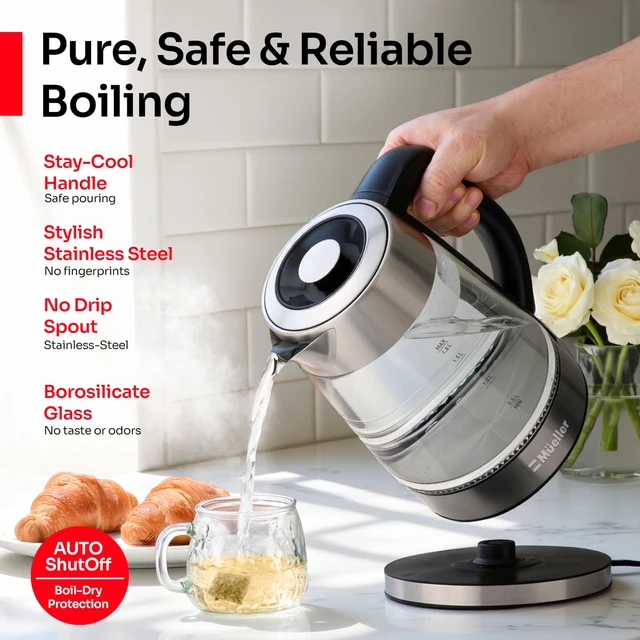 Alt view image 9 of 14 - MUELLER HOME Rapid Boil Electric Tea Kettle 1.8L, BPA-Free Hot Water Boiler | Borosilicate Glass & Stainless Steel, LED Light, Auto Shut-Off, Boil Dry Protection Fast Water Heater, Kitchen Appliances