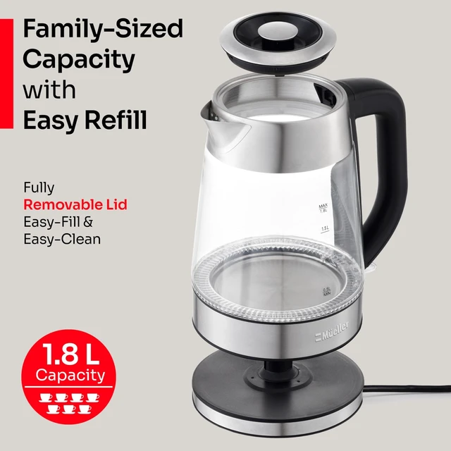 Alt view image 10 of 14 - MUELLER HOME Rapid Boil Electric Tea Kettle 1.8L, BPA-Free Hot Water Boiler | Borosilicate Glass & Stainless Steel, LED Light, Auto Shut-Off, Boil Dry Protection Fast Water Heater, Kitchen Appliances