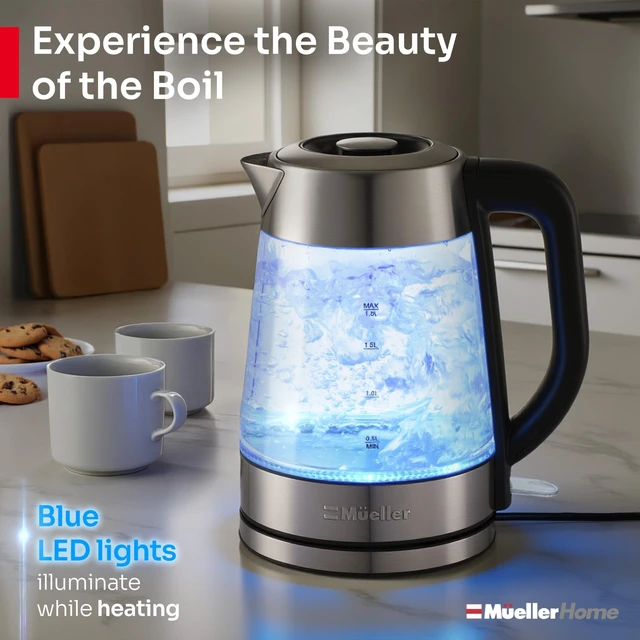 Alt view image 11 of 14 - MUELLER HOME Rapid Boil Electric Tea Kettle 1.8L, BPA-Free Hot Water Boiler | Borosilicate Glass & Stainless Steel, LED Light, Auto Shut-Off, Boil Dry Protection Fast Water Heater, Kitchen Appliances