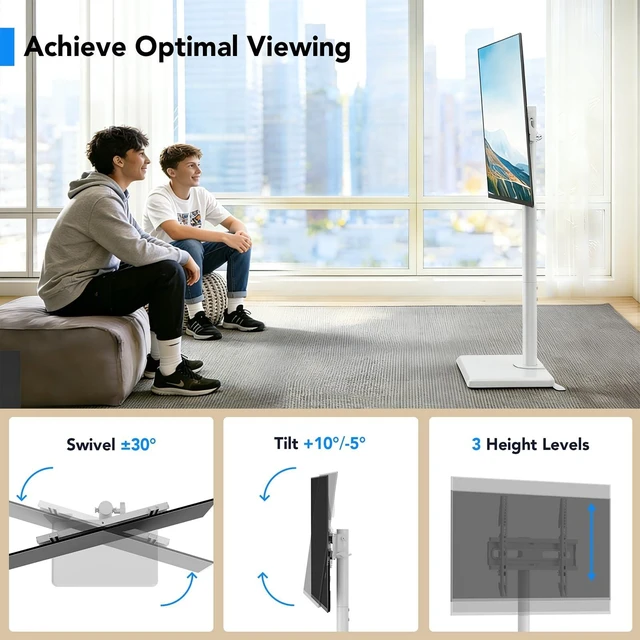Alt view image 9 of 14 - Floor TV Stand with Mount for 26-60 inch TVs up to 77 lbs, Height Adjustable Swivel Tilt,Tall Standing TV Stand with Wood Base, Saving Space Design for Bedroom, Living Room and Corner, White