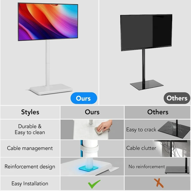 Alt view image 12 of 14 - Floor TV Stand with Mount for 26-60 inch TVs up to 77 lbs, Height Adjustable Swivel Tilt,Tall Standing TV Stand with Wood Base, Saving Space Design for Bedroom, Living Room and Corner, White