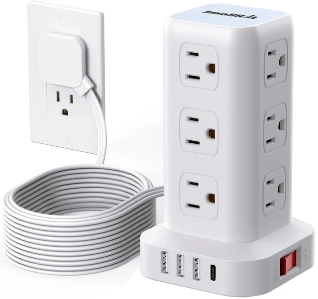 Alt view image 8 of 14 - Extension Cord with Multiple Outlets, Flat Plug Power Strip Tower, Outlet Extender with USB 12 AC Outlets, 10FT Ultra Thin Extension Cord for Home Office, Overload Protection