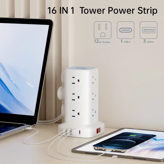 Alt view image 9 of 14 - Extension Cord with Multiple Outlets, Flat Plug Power Strip Tower, Outlet Extender with USB 12 AC Outlets, 10FT Ultra Thin Extension Cord for Home Office, Overload Protection