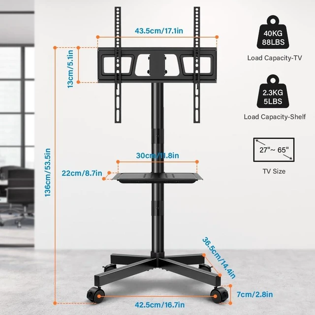 Alt view image 9 of 14 - Mobile TV Cart for 23 to 65 inch LCD LED Flat Screen/Curved TVs Floor TV Stand on Wheels with Height Adjustable Shelf Max VESA 400x400mm Rolling Floor TV Trolley Holds up to 88lbs