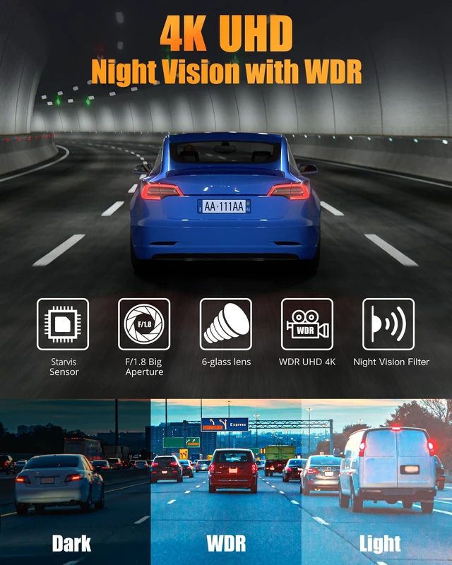 Alt view image 11 of 14 - Dash Camera for Cars, 4K+1080P Dash Cam Front and Rear with 5G WiFi | Built-in 32GB Card, Night Vision, G-Sensor, 24H Parking Mode, Loop Recording