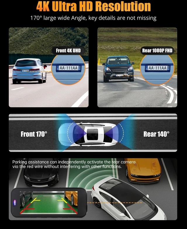 Alt view image 9 of 14 - Dash Camera for Cars, 4K+1080P Dash Cam Front and Rear with 5G WiFi | Built-in 32GB Card, Night Vision, G-Sensor, 24H Parking Mode, Loop Recording