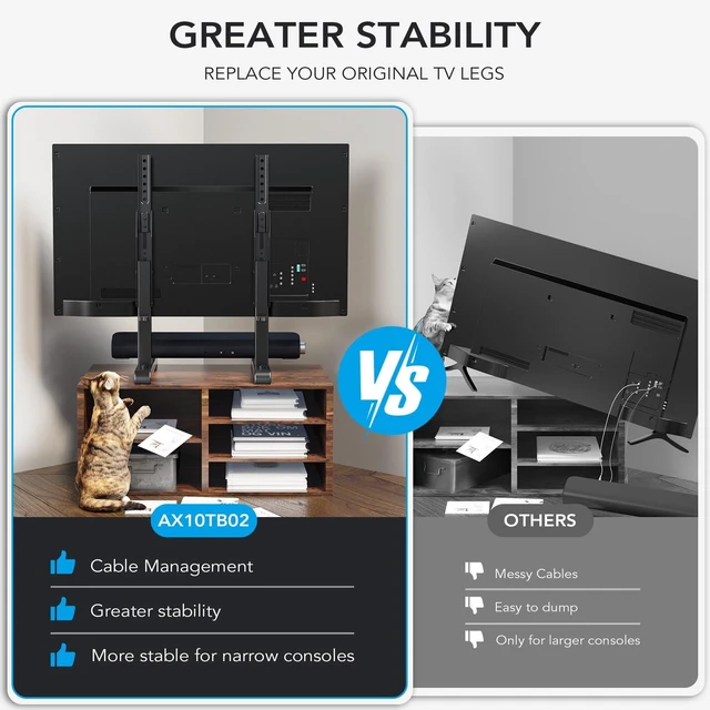 Alt view image 11 of 14 - Universal TV Stand, Table Top TV Stand Base Wobble Replacement for Most 24 to 80 Inch LCD LED TVs, 7 Height Adjustable TV Legs Hold up to 150lbs, Max VESA 800x500mm, Black AX10TB02
