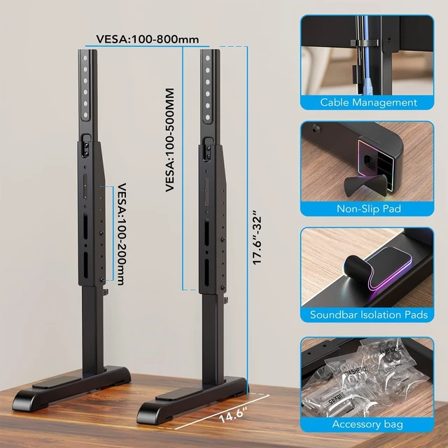 Alt view image 13 of 14 - Universal TV Stand, Table Top TV Stand Base Wobble Replacement for Most 24 to 80 Inch LCD LED TVs, 7 Height Adjustable TV Legs Hold up to 150lbs, Max VESA 800x500mm, Black AX10TB02