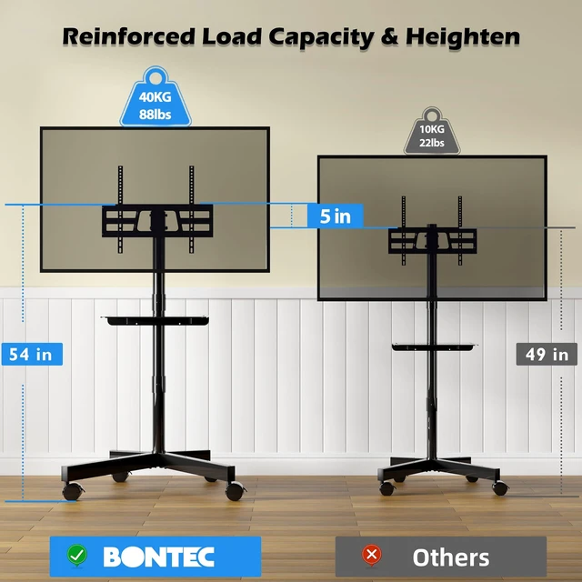 Alt view image 9 of 14 - Rolling TV Stand with Tilt,Mobile TV Stand Wheels for 2365 Inch TVs | Portable TV Cart for LED LCD TVs, Adjustable Shelf, Living Room, Bedroom, Outdoor TV Stand Holds 88 lbs, Max VESA 400x400mm